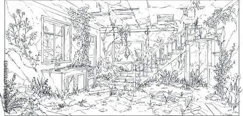 Detailed line art illustration of an abandoned interior space overgrown with plants, perfect for architectural or nature-themed projects