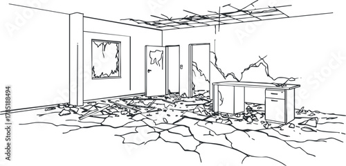 Minimalist line art illustration of a dilapidated room with debris, broken furniture, and cracked walls for design and architectural projects