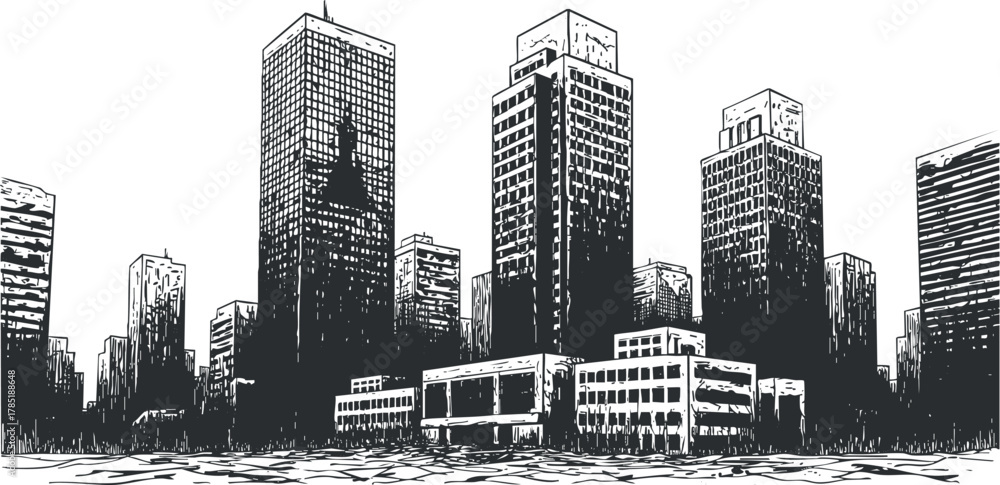 Fototapeta premium Monochrome vector illustration of a modern city skyline featuring tall skyscrapers and urban architecture for design projects