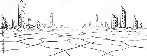 Outline vector illustration of a post-apocalyptic landscape featuring abandoned buildings and a cracked terrain, ideal for graphic design and concept art.