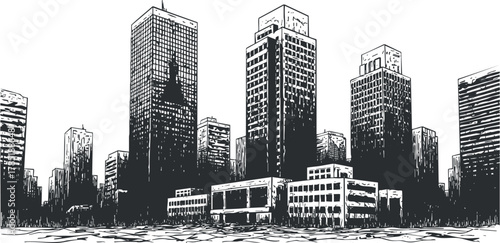Monochrome vector illustration of a modern city skyline featuring tall skyscrapers and urban architecture for design projects