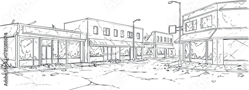 Detailed line art illustration of an abandoned urban landscape featuring dilapidated buildings and empty streets for design projects.