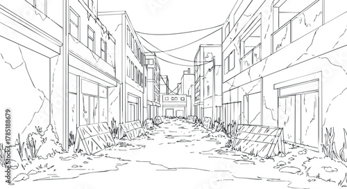 Outline vector illustration of an abandoned urban street scene with dilapidated buildings and overgrown nature for concept art or design projects