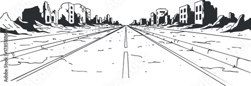 Minimalist black and white vector illustration of a desolate urban landscape featuring abandoned buildings and a long road.