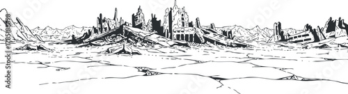 Outline vector illustration of a barren desert landscape featuring ancient ruins and a dramatic horizon for creative design projects