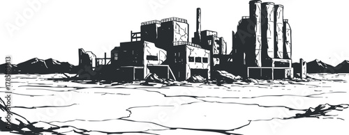 Monochrome outline illustration of an abandoned industrial factory set against a desolate landscape for dystopian design projects