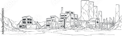 Outline vector illustration of abandoned industrial buildings in a desolate landscape for urban exploration themes