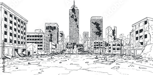 Black and white outline illustration of a devastated urban landscape featuring ruined buildings and a prominent skyscraper, ideal for dystopian themes and design projects