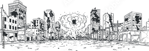 Black and white outline illustration of a devastated cityscape after an explosion, showcasing destruction and chaos in an urban environment