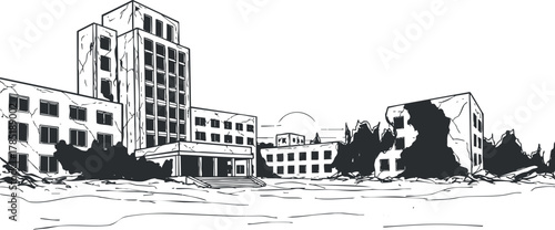 Detailed black and white vector illustration of an abandoned urban building with a desolate landscape, ideal for design projects.