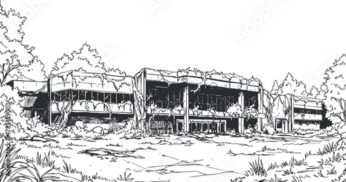 Detailed black and white vector illustration of an abandoned building overgrown with nature, perfect for urban exploration themes.