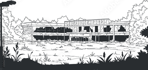Detailed outline illustration of an abandoned building surrounded by overgrown vegetation, ideal for urban exploration themes and design projects