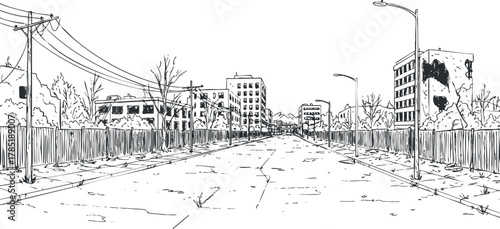 Detailed outline illustration of an abandoned urban landscape featuring empty streets, dilapidated buildings, and overgrown nature elements.