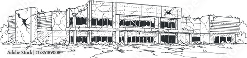 Detailed line art illustration of an abandoned building showcasing urban decay and architectural deterioration for design projects.
