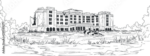 Detailed outline vector illustration of a modern hotel building surrounded by lush landscape, ideal for architectural design projects