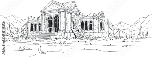 Outline vector illustration of an abandoned building surrounded by a desolate landscape, ideal for artistic and thematic projects
