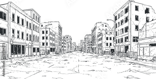 Detailed line art illustration of an abandoned urban street scene featuring dilapidated buildings and scattered debris, ideal for graphic design projects.