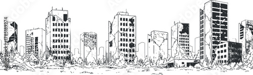 Detailed black and white vector illustration of abandoned buildings in an urban landscape, suitable for post-apocalyptic themes and design projects