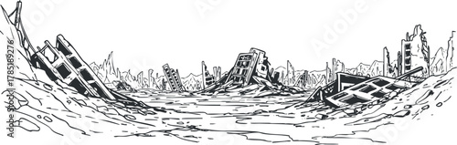 Black and white vector illustration of a devastated landscape featuring ruined buildings and debris for dystopian themes and design projects
