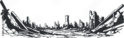 Silhouette vector illustration of a desolate urban landscape featuring ruins and destruction, ideal for dystopian themes and graphic design projects