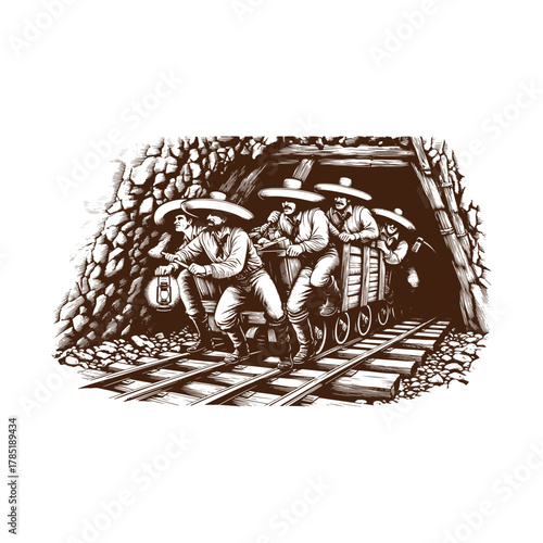 Western Miners in Underground Tunnel – Vintage Black and White Engraving