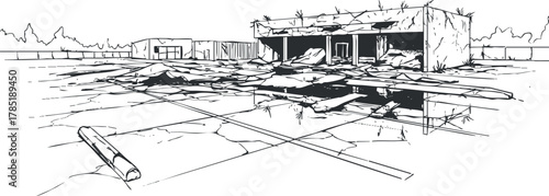 Outline vector illustration of an abandoned building in a desolate landscape, highlighting decay and urban exploration themes