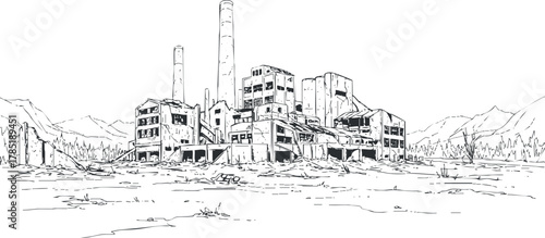 Detailed outline vector illustration of an abandoned industrial factory in a desolate landscape, suitable for urban exploration themes.