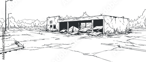 Outline vector illustration of an abandoned building in a desolate urban landscape, ideal for design and artistic projects
