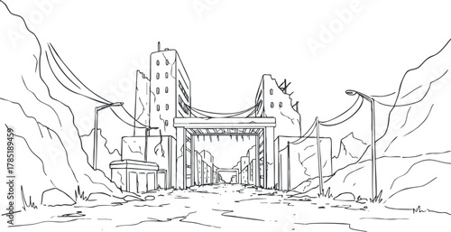 Outline vector illustration of an abandoned urban landscape featuring dilapidated buildings and a desolate road for creative projects