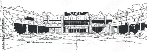 Detailed outline vector illustration of an abandoned building complex surrounded by overgrown nature, ideal for urban exploration themes.