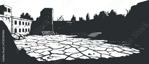 Minimalist black and white vector illustration of desolate urban ruins with cracked ground and dramatic skyline.