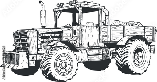 Detailed black and white vector illustration of a heavy-duty tractor designed for agricultural and construction use