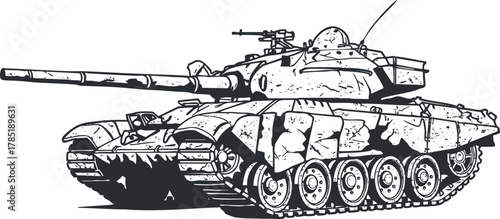 Detailed black and white vector illustration of a military tank, ideal for defense and warfare concepts.
