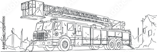 Detailed line art illustration of a fire truck with ladder for emergency services and firefighting concepts