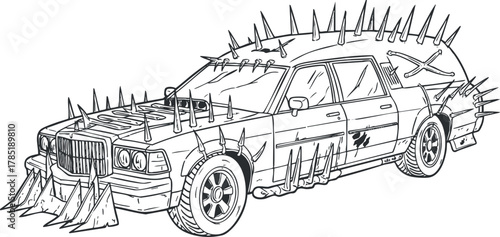 Outline vector illustration of a spiked custom car design for automotive enthusiasts and graphic projects