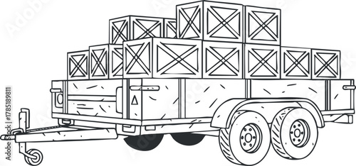 Outline vector illustration of a cargo trailer loaded with stacked boxes for transportation and logistics purposes