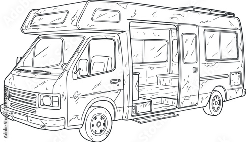Outline illustration of a recreational camper van showcasing its spacious interior design for travel and adventure.