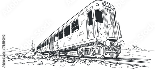 Outline vector illustration of an abandoned train on a desolate railway landscape, ideal for urban art and design projects