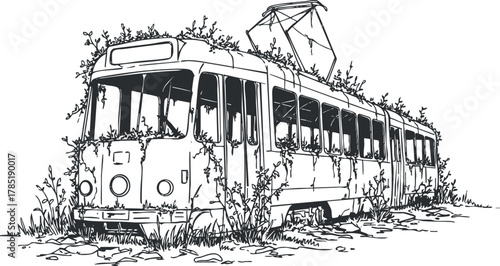 Detailed black and white vector illustration of an abandoned train overgrown with vegetation, perfect for nature and urban exploration themes