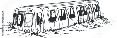 Outline vector illustration of an abandoned train overgrown with grass, perfect for urban decay and nature themes