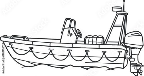 Outline vector illustration of a fishing boat with outboard motor, suitable for nautical and marine-themed design projects