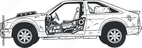 Detailed black and white vector illustration of a car interior showing mechanical components for educational and design purposes