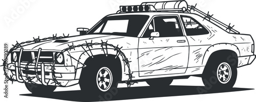 Stylized black and white vector illustration of a retro car with barbed wire, perfect for urban design and graphic projects