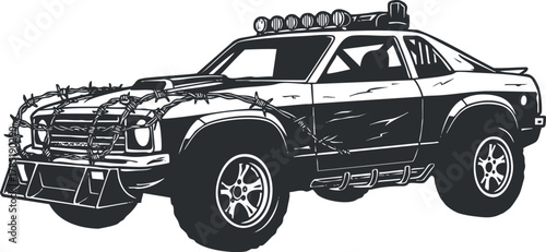 Stylized black and white vector illustration of a rugged off-road vehicle with barbed wire design, perfect for automotive-themed projects.
