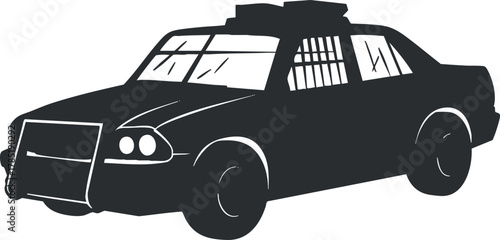 Stylized silhouette vector illustration of a police car, ideal for law enforcement and emergency service designs.