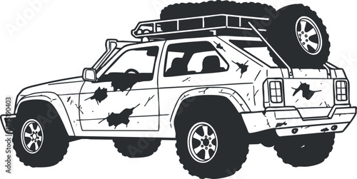 Stylized vector illustration of a rugged off-road SUV with a roof rack and spare tire, ideal for adventure and travel themes