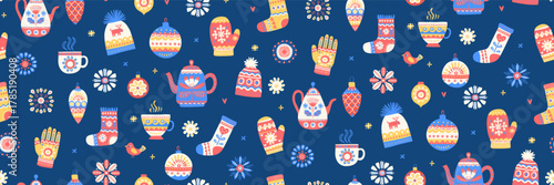 Cozy Scandinavian Winter Seamless Pattern with Teapots, Mittens and Socks, Hygge Holiday Flat Vector illustration. Cute Nordic Christmas Pattern, Folk Ornaments, Warm Knitwear and Tea Seamless Pattern