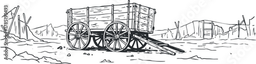 Detailed outline illustration of a vintage wooden wagon in a desolate landscape, perfect for rural-themed design projects