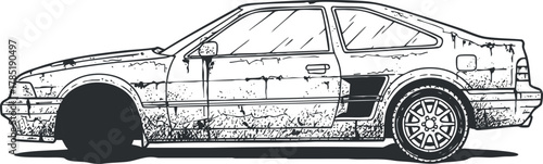 Detailed outline vector illustration of a vintage sports car with a grunge effect, ideal for automotive design projects