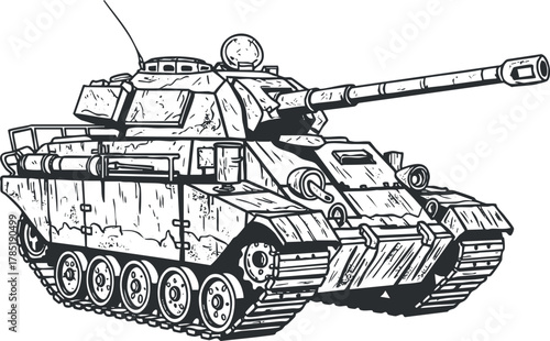 Detailed vector illustration of a military tank in an outline style, suitable for design and educational purposes